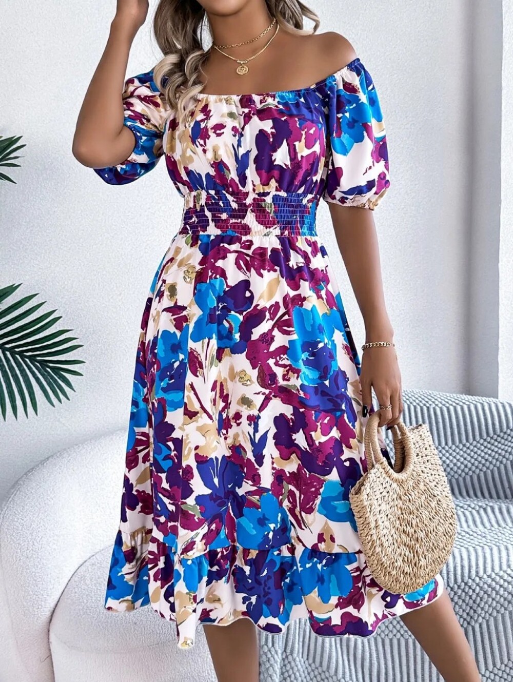 Floral Off-Shoulder Ruffled Hem Dress